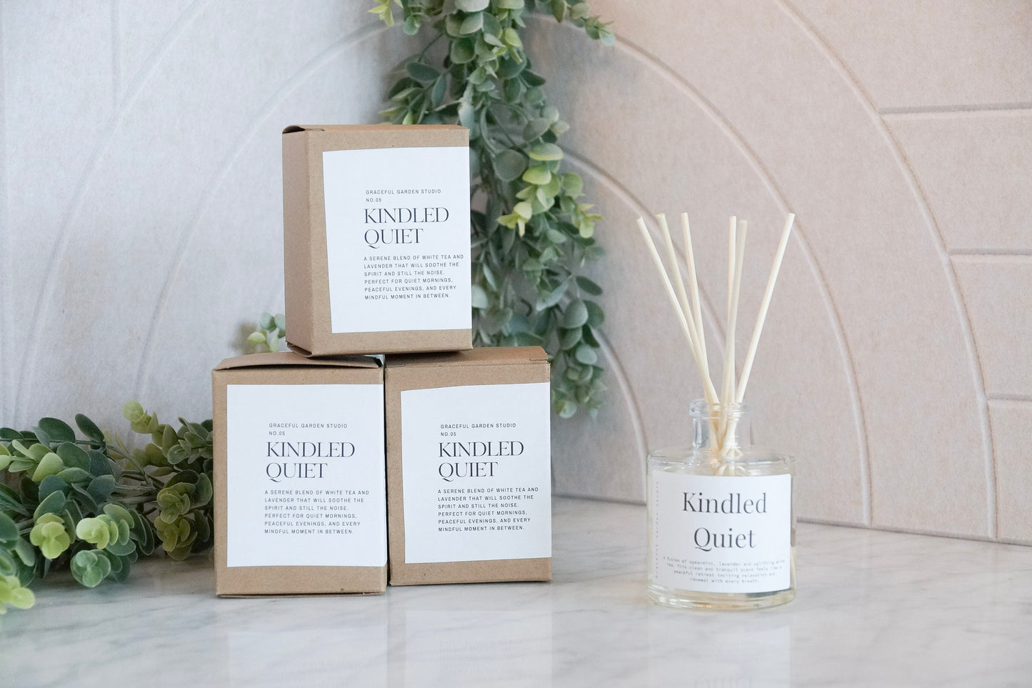 Kindled Quiet reed diffuser – warm, comforting fragrance with notes of sandalwood, amber, and soft spices, handcrafted by Graceful Garden Studio