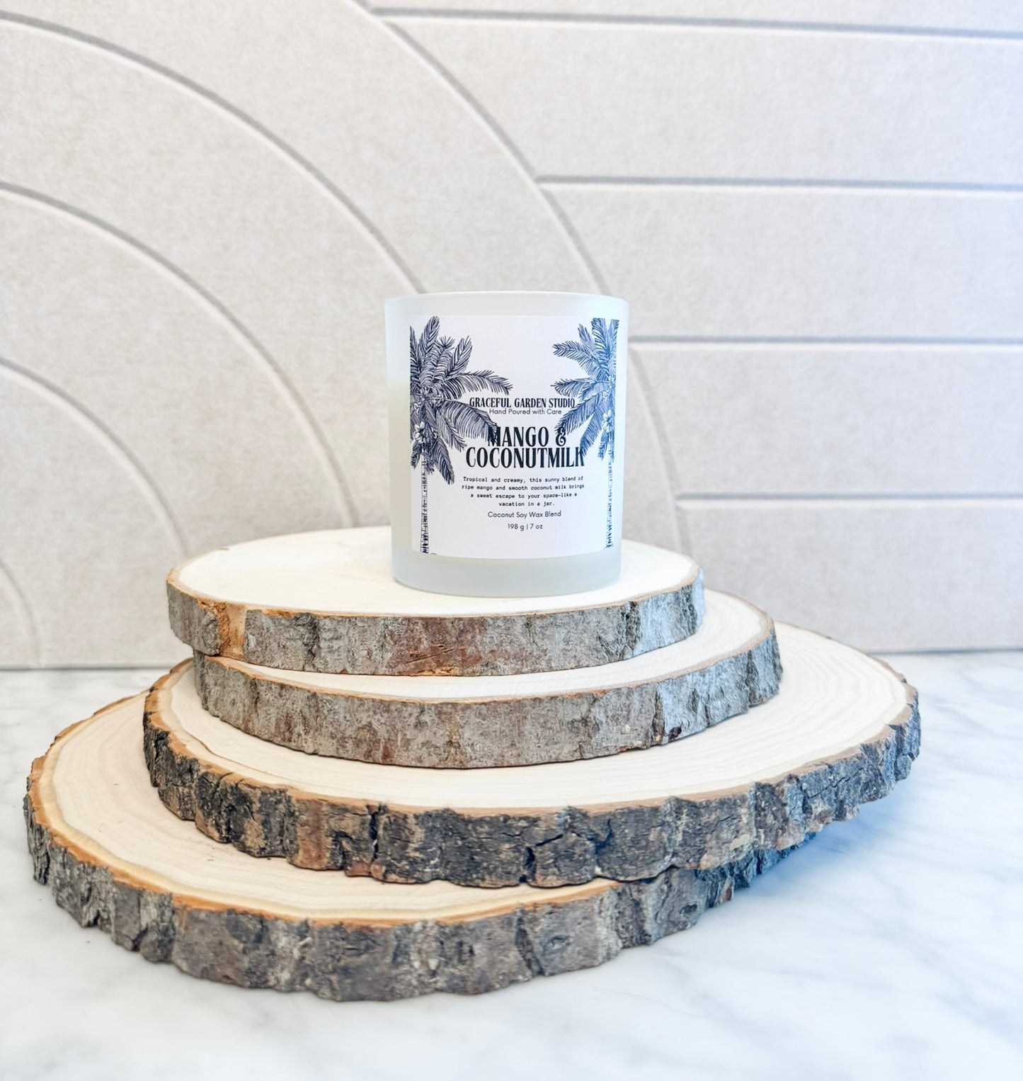 Mango & Coconut Milk candle – hand-poured coconut soy wax with tropical notes of ripe mango and creamy coconut milk, crafted by Graceful Garden Studio