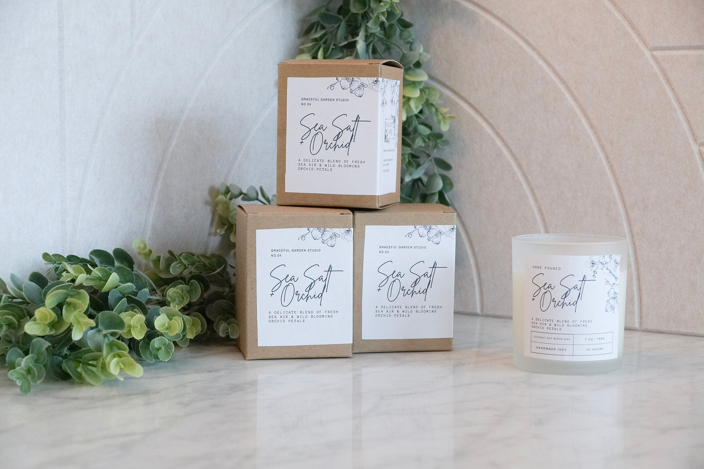 Sea Salt and Orchid candle – refreshing coconut soy blend with coastal floral scent, handmade by Graceful Garden Studio