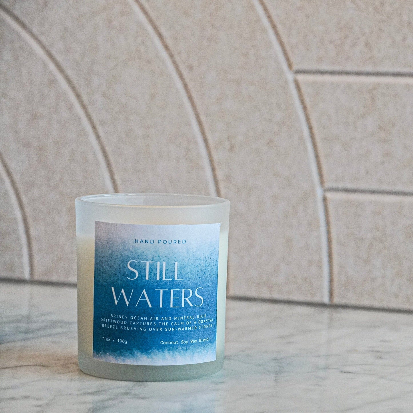 Still Waters candle – calming coconut soy wax with serene aquatic fragrance, handcrafted by Graceful Garden Studio