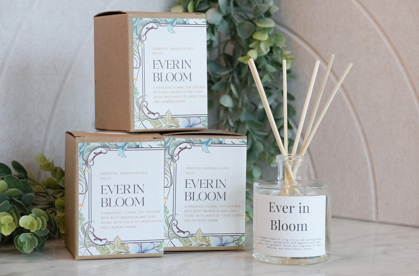 Ever in Bloom reed diffuser – elegant floral fragrance with white tea, lemon, rose, magnolia, and peony, handcrafted by Graceful Garden Studio