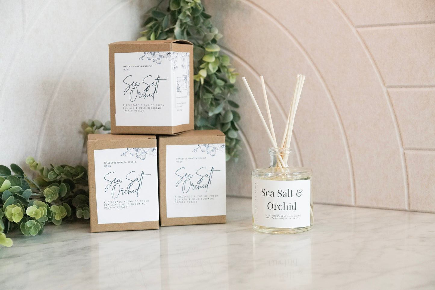 Sea Salt and Orchid reed diffuser – long-lasting coastal floral fragrance by Graceful Garden Studio