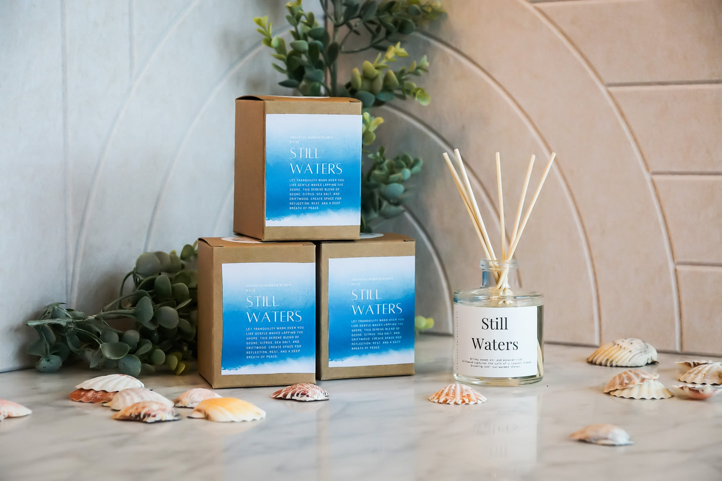 Still Waters reed diffuser – clean, coastal fragrance with sea salt, eucalyptus, and soft musk, handcrafted by Graceful Garden Studio