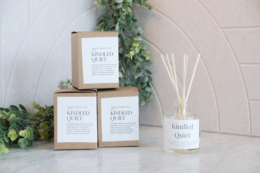 Kindled Quiet reed diffuser – warm, comforting fragrance with notes of sandalwood, amber, and soft spices, handcrafted by Graceful Garden Studio