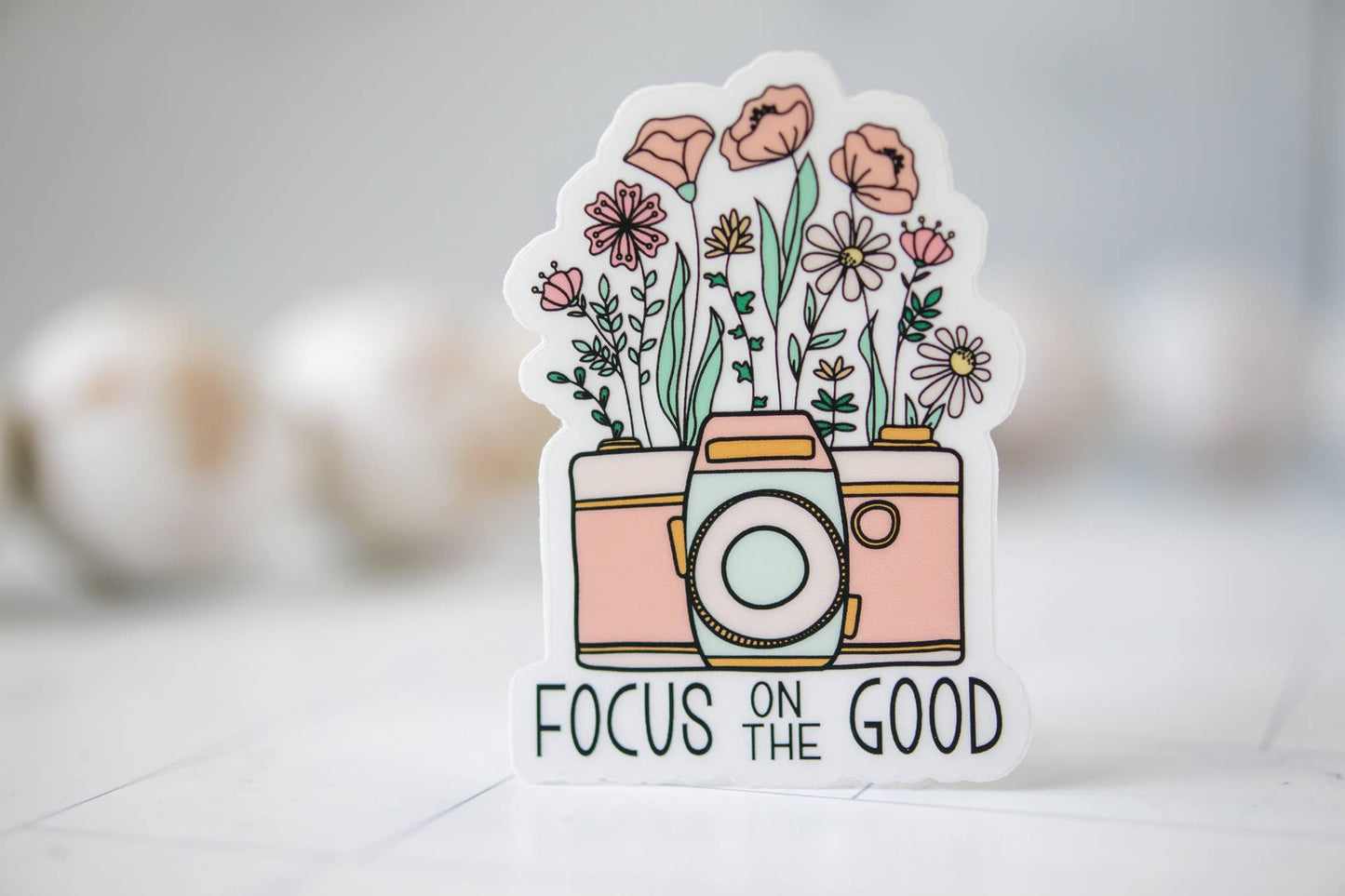 Savannah and James Co - Focus On The Good, Retro Camera Vinyl Sticker, 3x3 in.