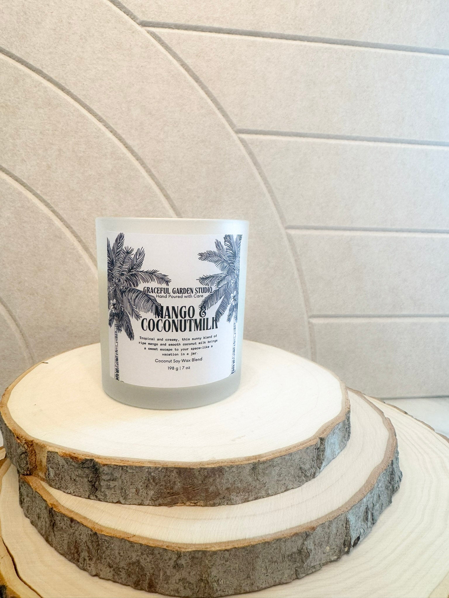 Mango & Coconut Milk candle – hand-poured coconut soy wax with tropical notes of ripe mango and creamy coconut milk, crafted by Graceful Garden Studio
