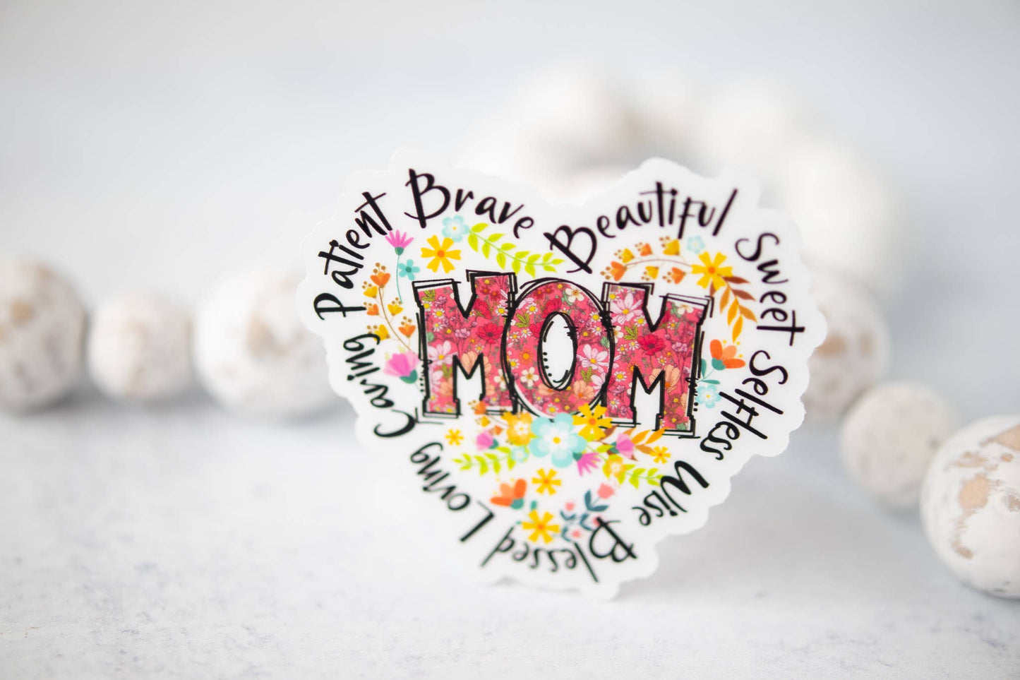 Savannah and James Co - Mom Heart, Floral, Clear Vinyl Sticker, 3x3 in.