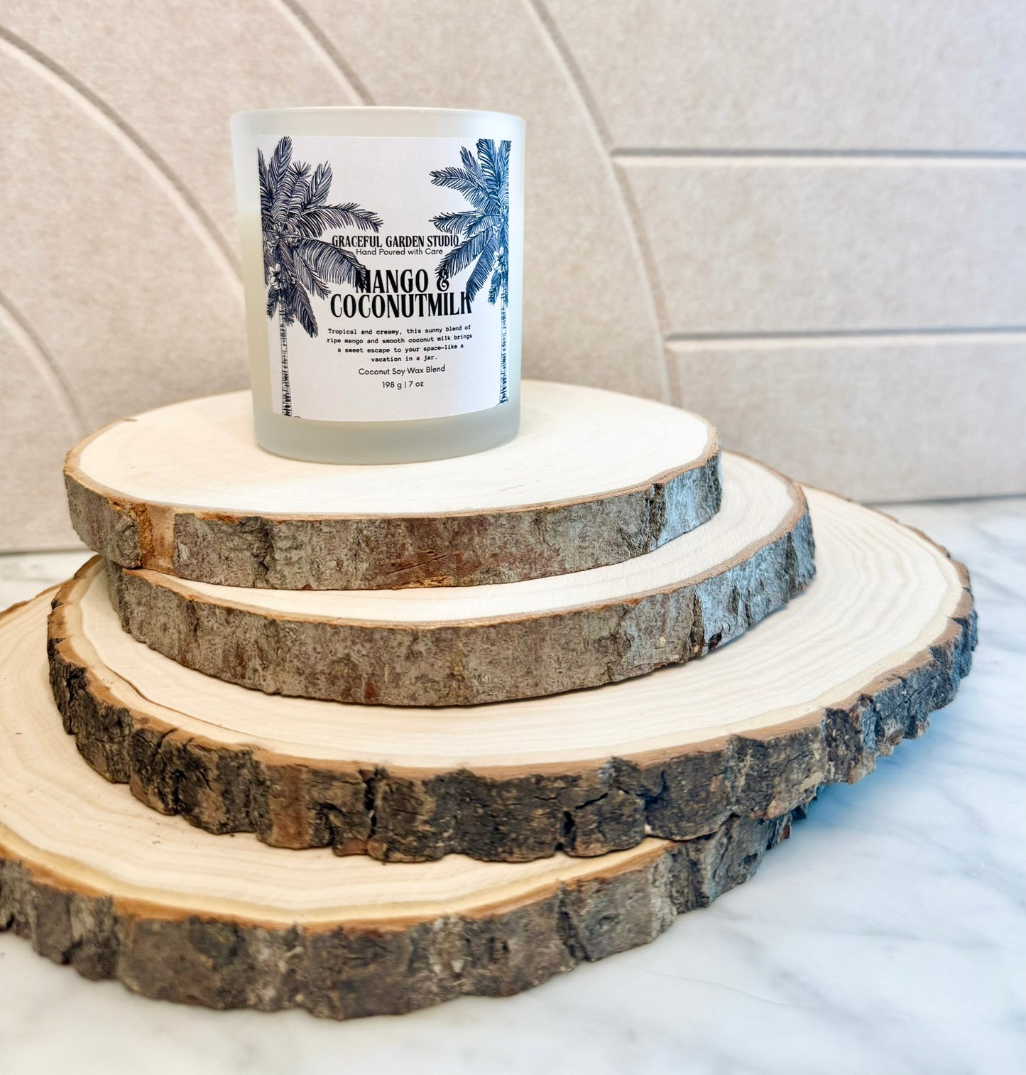 Mango & Coconut Milk candle – hand-poured coconut soy wax with tropical notes of ripe mango and creamy coconut milk, crafted by Graceful Garden Studio