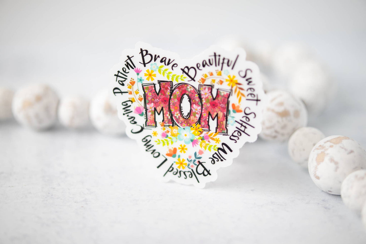 Savannah and James Co - Mom Heart, Floral, Clear Vinyl Sticker, 3x3 in.