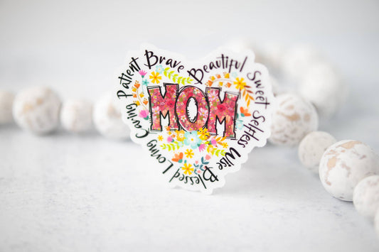 Savannah and James Co - Mom Heart, Floral, Clear Vinyl Sticker, 3x3 in.