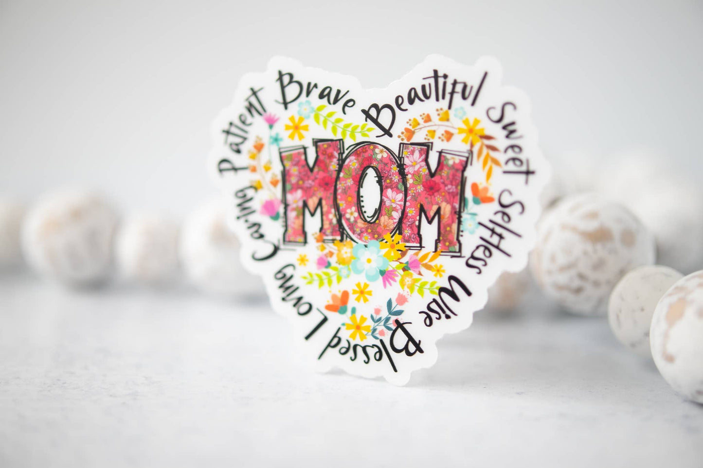 Savannah and James Co - Mom Heart, Floral, Clear Vinyl Sticker, 3x3 in.