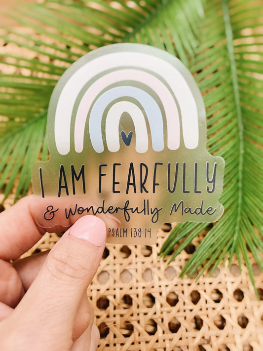 I Am Fearfully & Wonderfully Made vinyl sticker – pastel rainbow design with Psalm 139:14 scripture, waterproof and removable, handcrafted by Graceful Garden Studio