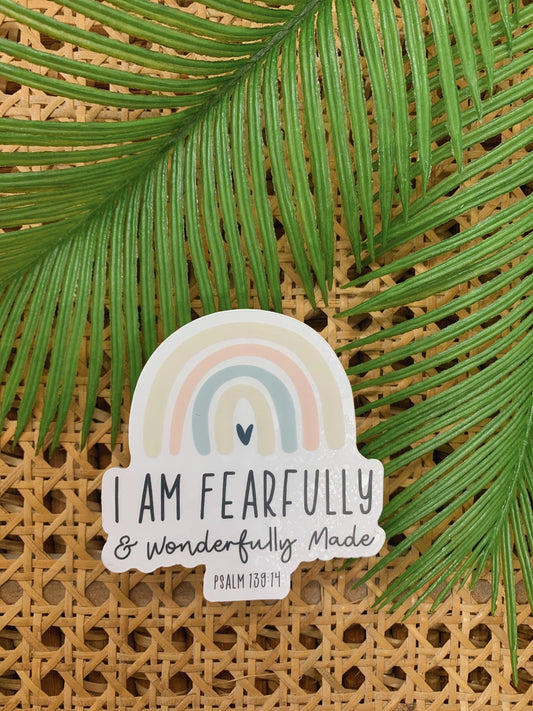 I Am Fearfully & Wonderfully Made vinyl sticker – pastel rainbow design with Psalm 139:14 scripture, waterproof and removable, handcrafted by Graceful Garden Studio