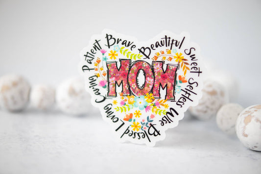 Savannah and James Co - Mom Heart, Floral, Clear Vinyl Sticker, 3x3 in.